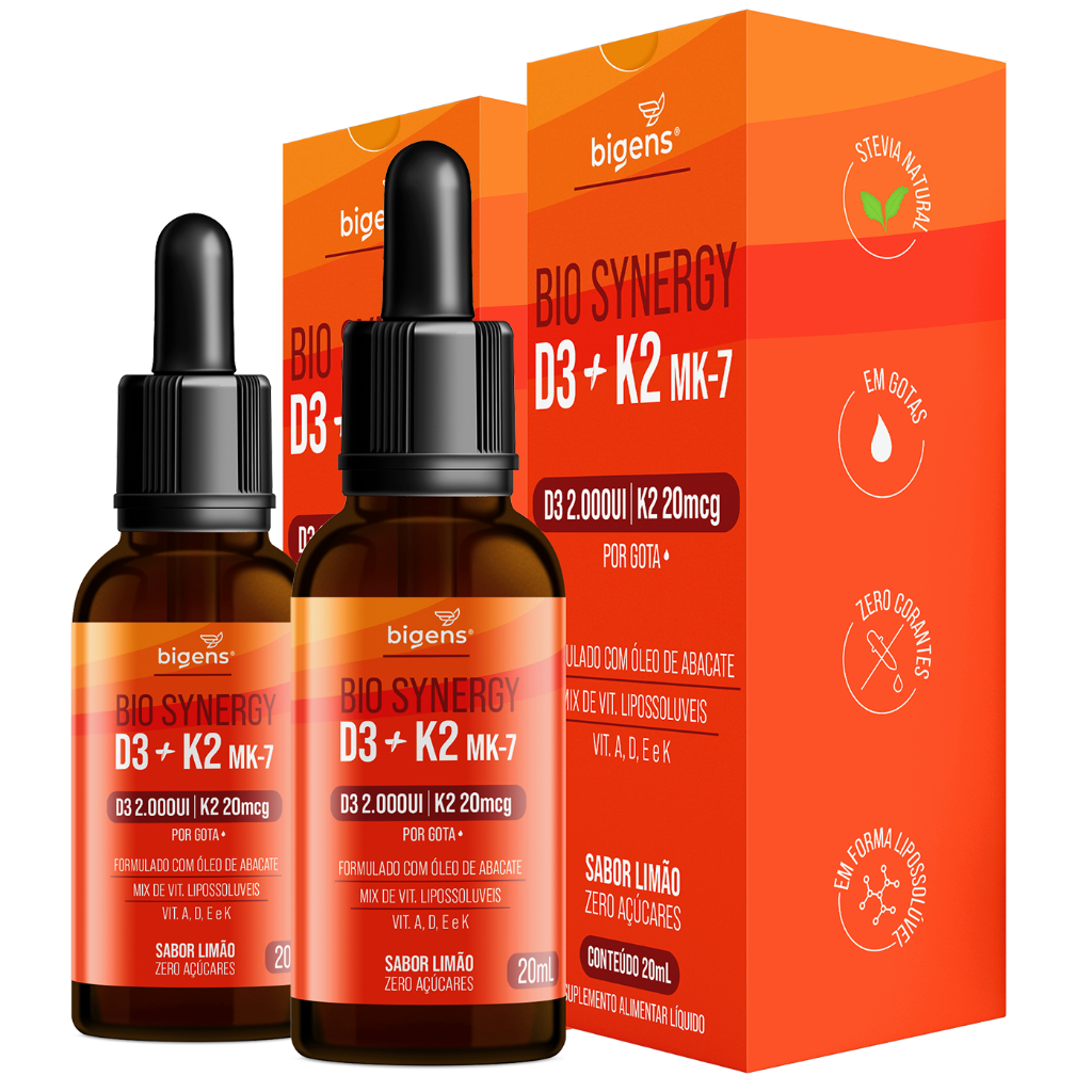 Kit 2 Bio Synergy, D3 2000ui + K2 Mk7 20mcg, vitamina A, D E e K, Sabor Limão, 20mL, Bigens
