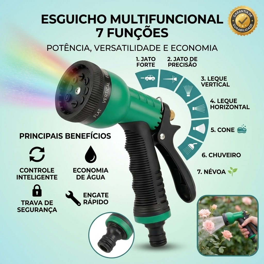 🚿 Esguicho Mangueira Bico 7 Jatos ✨ Ajustável Engate Rápido 🧼 Lavagem 🚗 Carro 🌱 Jardim 💦