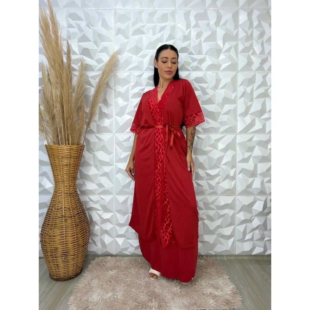 Robe Longo Feminino Cetim e Renda Confortável Elegante