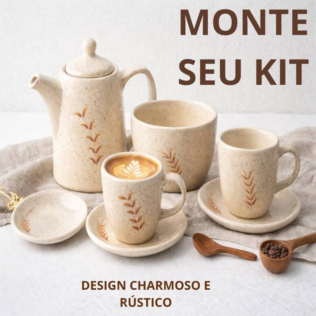 Kit Café Cerâmica Completo Bule Xícaras Pires Jogo de Chá Rústico Decorativo Elegante
