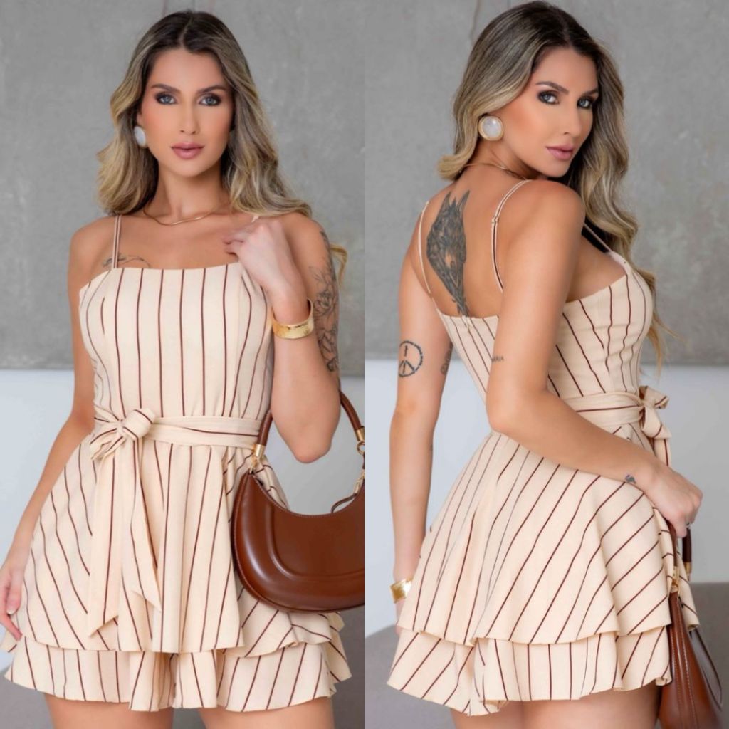 Macaquinho Feminino Listrado Estilo Vestido com Bojo Soltinho Moda Verão Elegante