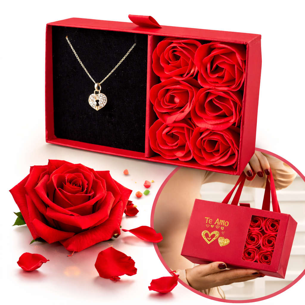 Colar feminino banhado a ródio + porta joias com rosas perfumadas e alças para presente