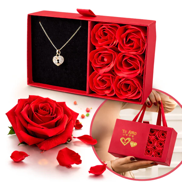 Colar feminino banhado a ródio + porta joias com rosas perfumadas e alças para presente