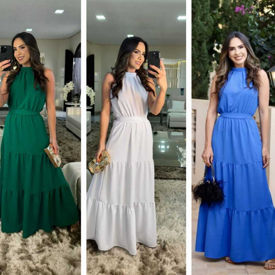 VESTIDO LONGO FEMENINO GOLA ALTA antonelha  para casamento e formatura