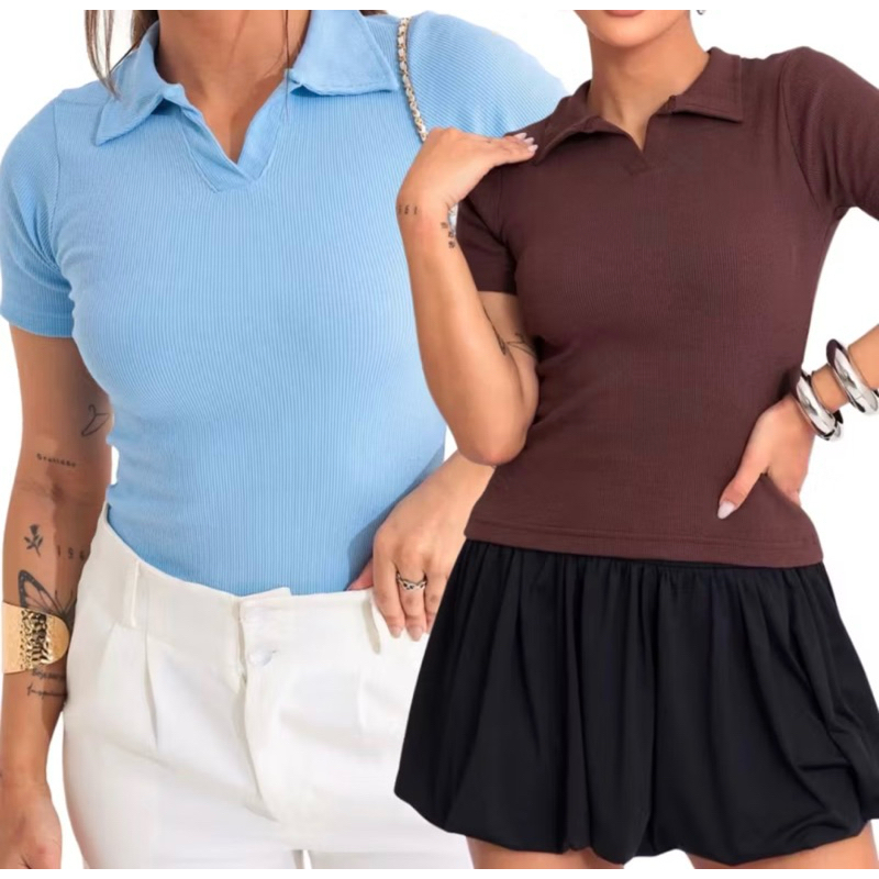 KIT 2 BLUSA GOLA POLO MODA FEMININA BÁSICO CASUAL SOCIAL TRABALHO RIBANA ALGODÃO MANGUINHA VERÃO DIA A DIA ELEGANTE