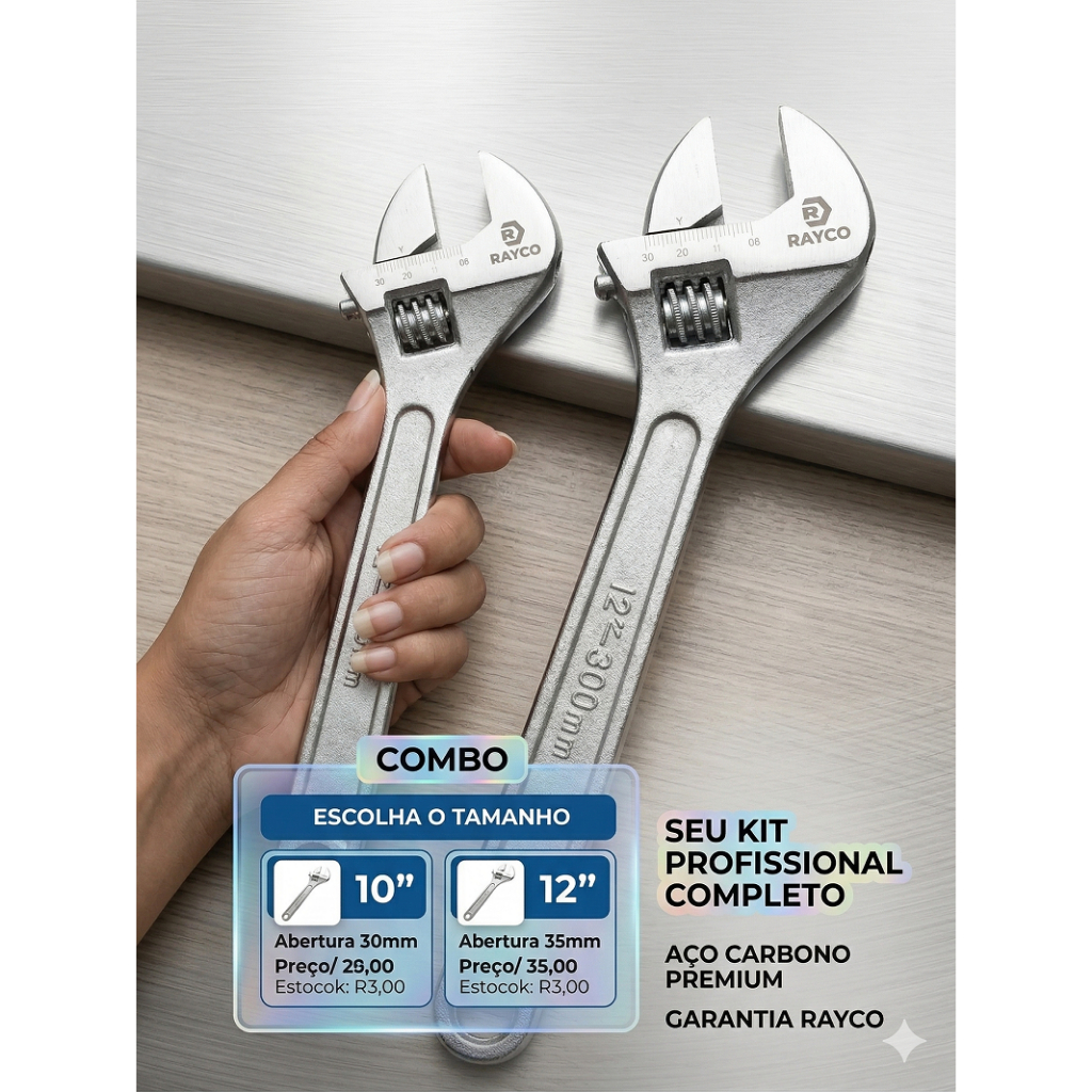 Chave Inglesa Ajustável Profissional Rayco - Escolha o Tamanho 10 ou 12 Polegadas