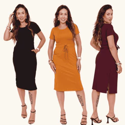 Vestido Feminino Canelado Midi com Fenda na Lateral Bolsos Funcionais