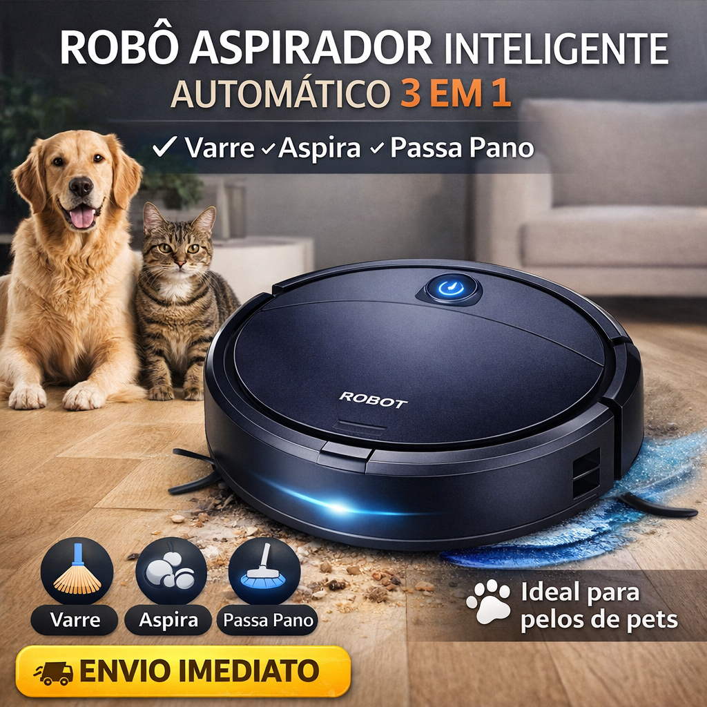 Robô Aspirador Inteligente Automático 3 em 1 Varre Aspira e Passa Pano Limpeza Casa Pet Silencioso Bivolt-cores sortidas