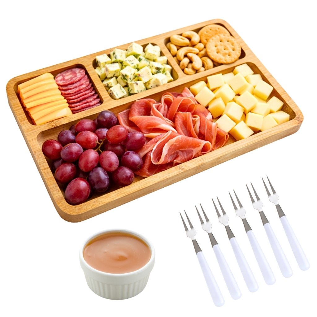 Kit Petisqueira de Bambu Tábua de Frios Conjunto de Garfos Ramequim Mesa Posta