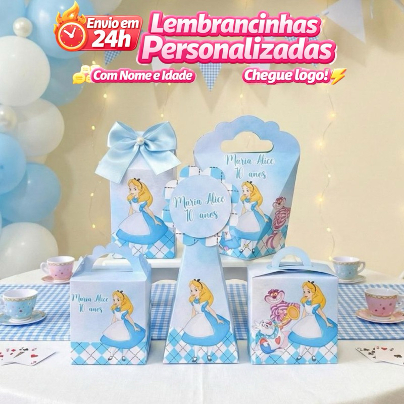 Kit Alice País Maravilhas 50 Caixas Personalizadas Lembrancinhas Festa Infantil Caixinhas Milk Aniversário Pegue e Monte