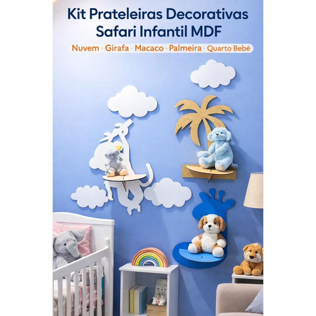 Kit 3 Prateleiras Decorativas Safari MDF Quarto Menino Menina Nicho Nuvem Girafa Macaco Palmeira