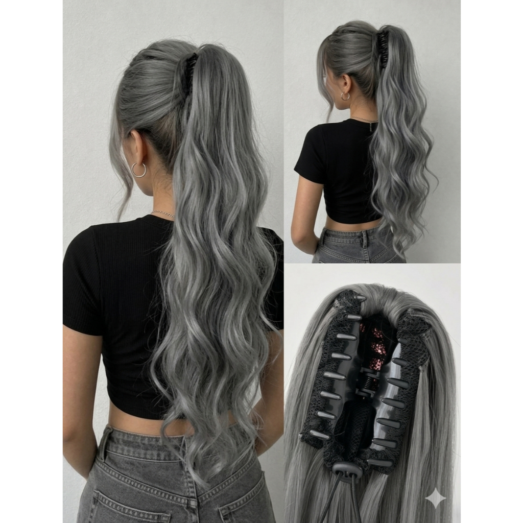 Aplique Rabo De Cavalo cabelo Cinza Grisalho bio Orgânico com Presilha Liso e Ondulado parecido com cabelo humano