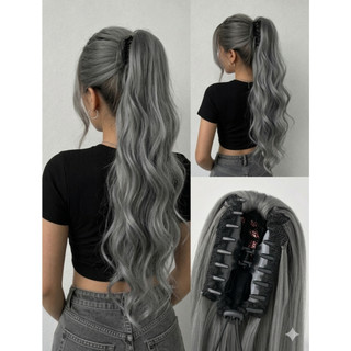 Aplique Rabo De Cavalo cabelo Cinza Grisalho bio Orgânico com Presilha Liso e Ondulado parecido com cabelo humano