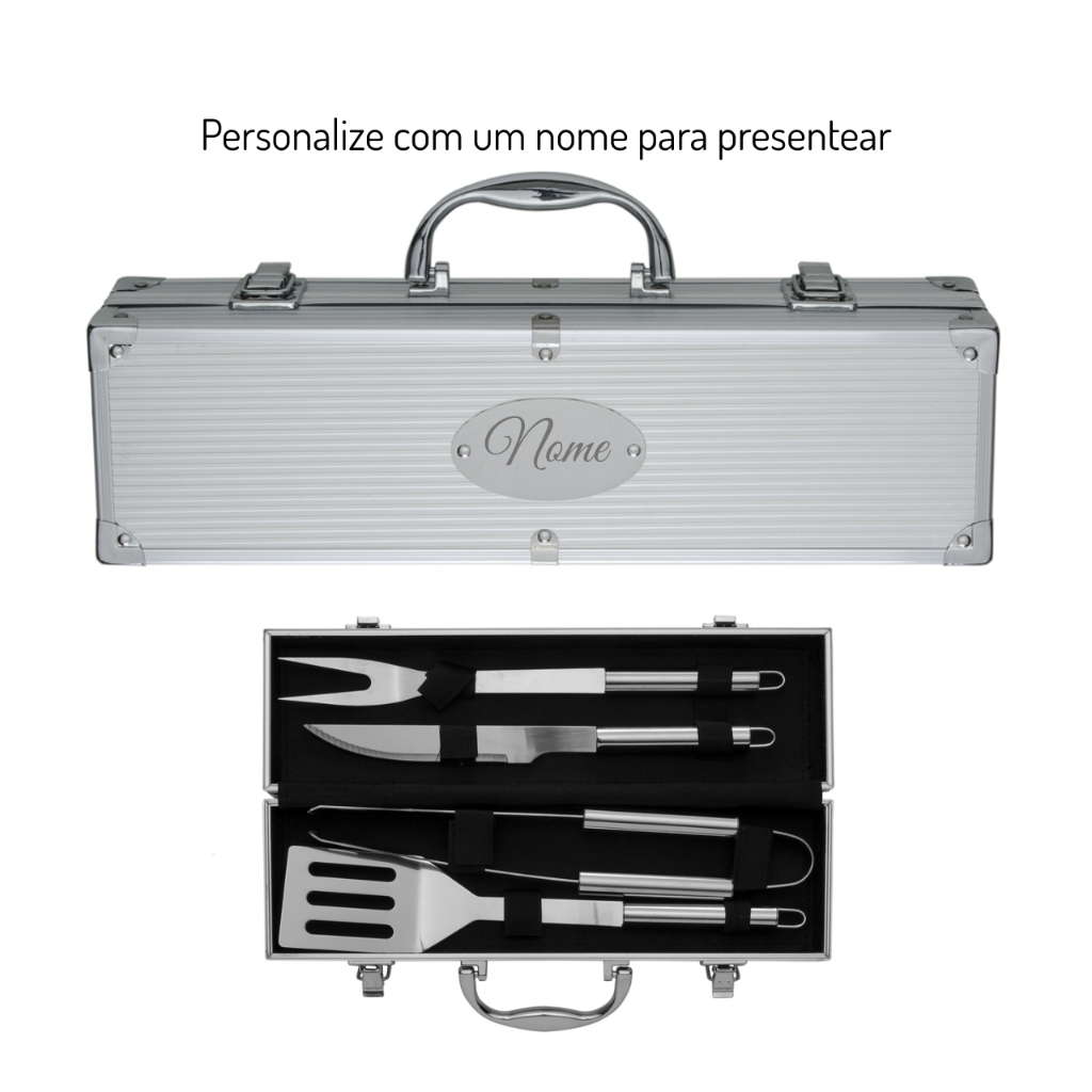 Kit Churrasco 4 Peças Maleta de Alumínio personalizada com nome ideal para presente