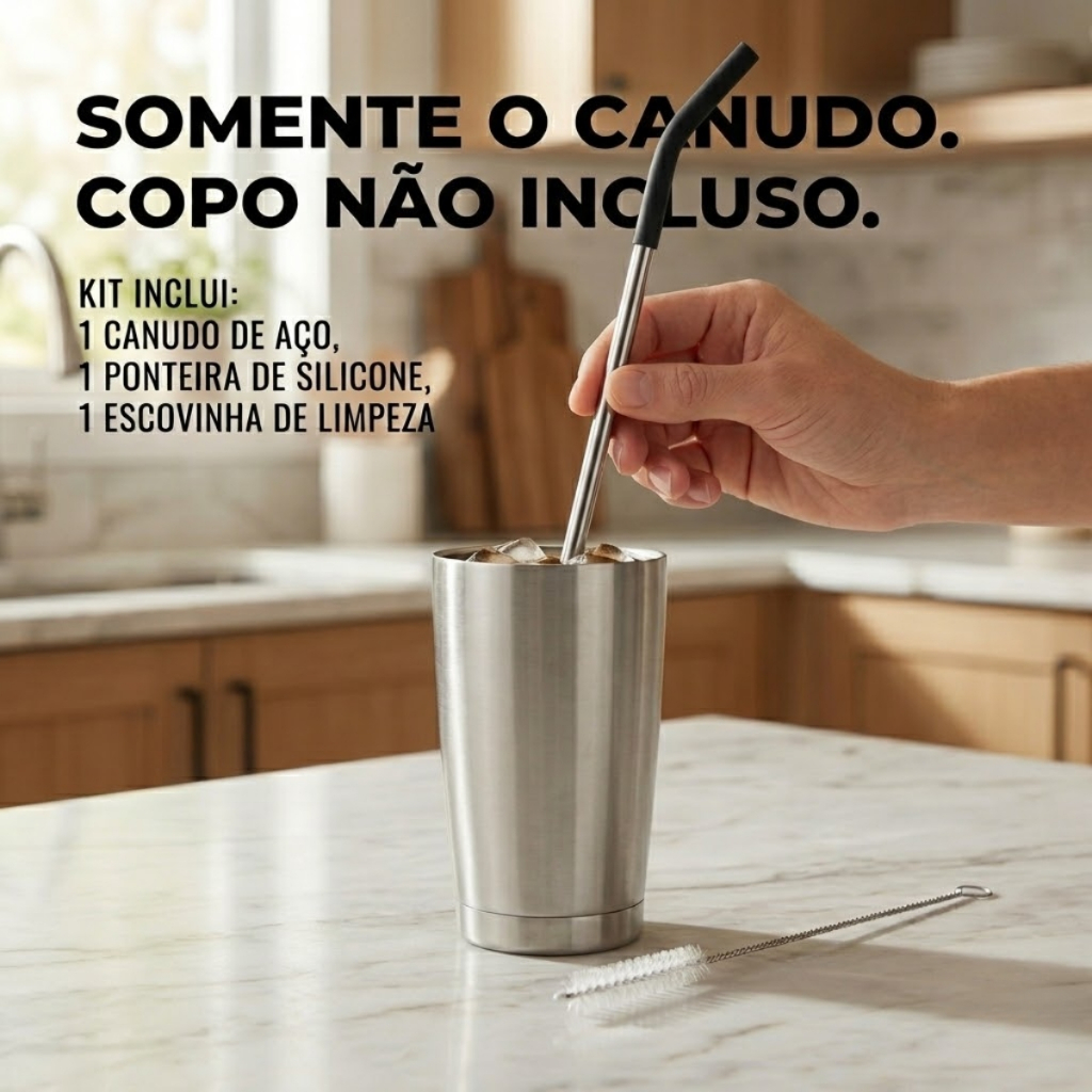 Canudo Inox Reutilizável 28cm Copo 1200ml + Ponteira Silicone Macio e Escovinha de Limpeza