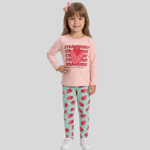 Conjunto Infantil Longo de Menina Estampado Camiseta e Legging Confortável Inverno Meia Estação Morango