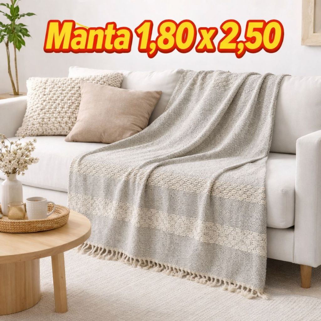 Manta Para Sofá -1,80x  2,50m Algodão Decorativa Artesanal com Franja Confortável Elegante para Sala