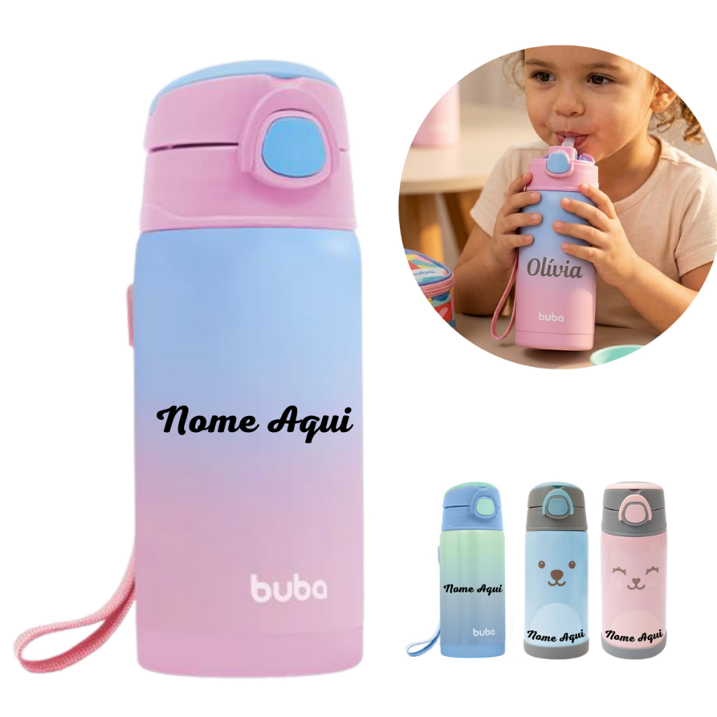Garrafa Térmica Buba Infantil Inox 400ML Com Canudo – Personalizado Com Nome