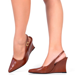 Scarpin Feminino Lumiss Slingback Salto Anabela Confortável Bico Fino Marrom em Oferta na Shopee