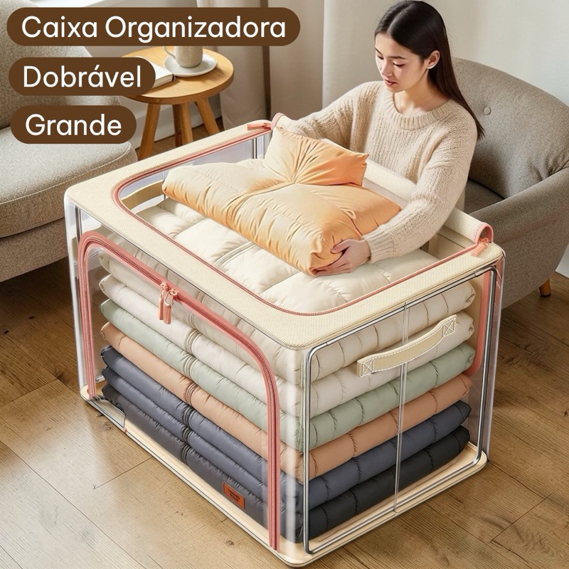 Caixa Organizadora Dobrável Grande com Zíper Visor e Alças em Oferta na Shopee