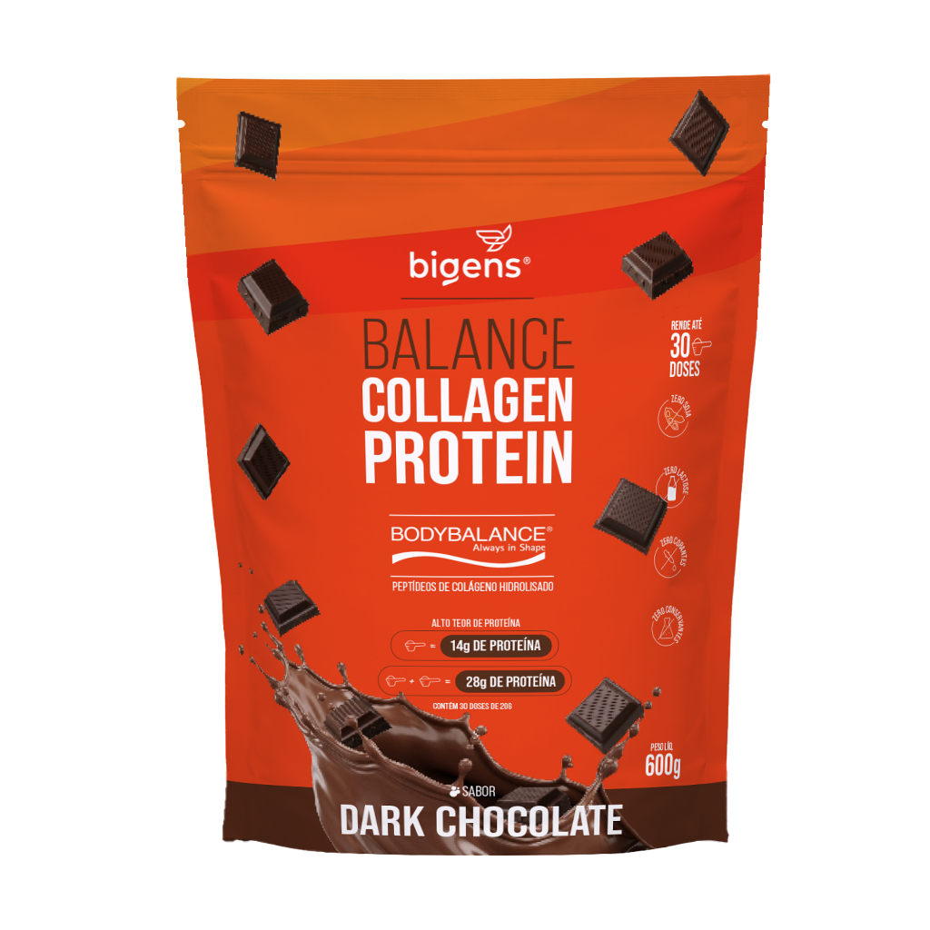 Colágeno Hidrolisado Bodybalance Bigens 600g Chocolate Dark | Proteína, Sem Lactose e Sem Soja