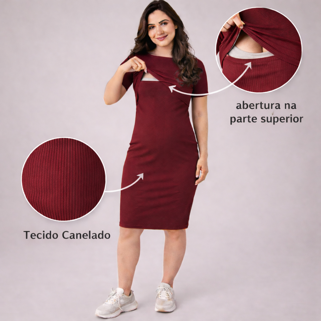 Vestido Gestante Amamentação Canelado Midi Manga Curta Abertura para Amamentar Confortável Moda Gravidez