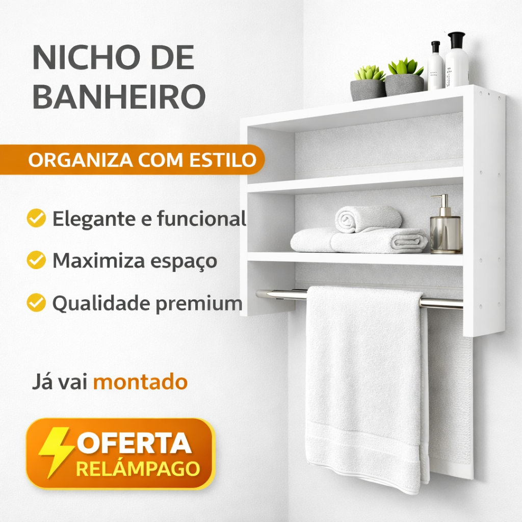 Nicho Banheiro Porta Toalha Branco Premium | Organizador de Parede Moderno | Prateleira Já Montado em Oferta na Shopee