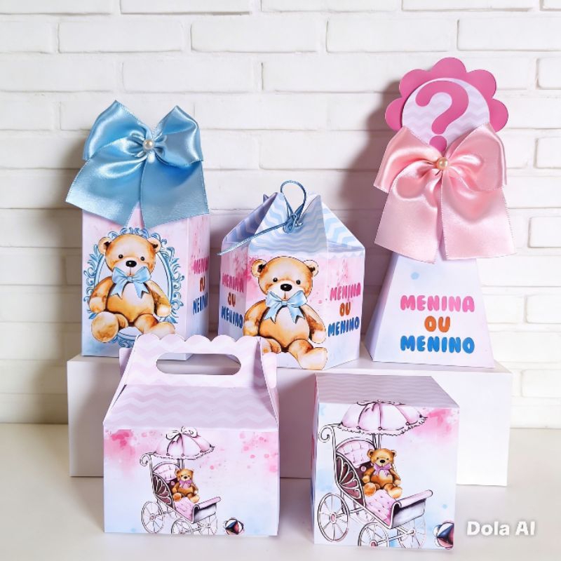 Kit Caixinhas Personalizadas Festa chá revelação ursinhos azul e rosa| Lembrancinhas para Aniversário