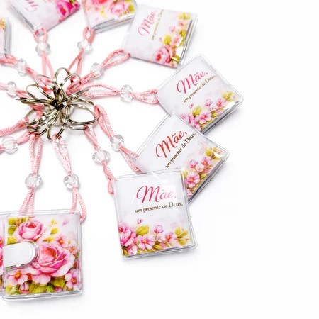 Chaveiro Evangélico Biblia Mamãe, Flores rosas c/ pérolas Kit com 12 peças