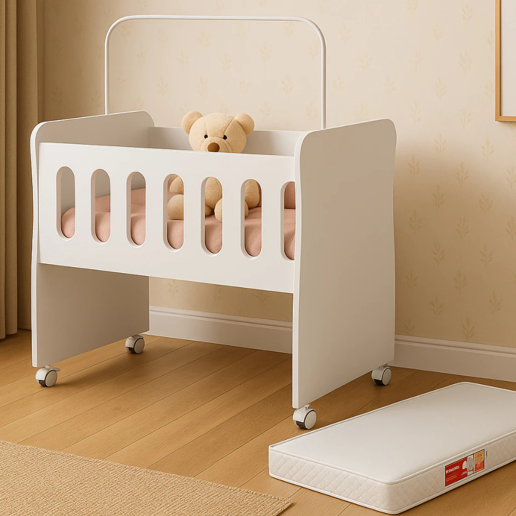 Mini Berço Bebê com Colchão Portátil Rodízios com Trava e Suporte Mosquiteiro Compacto Recém Nascido