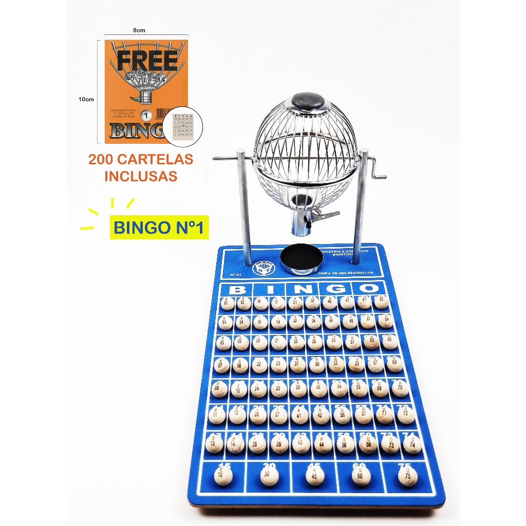 GLOBO BINGO Nº1 PREMIUM CROMADO COMPLETO COM 75 BOLAS + 200 CARTELAS