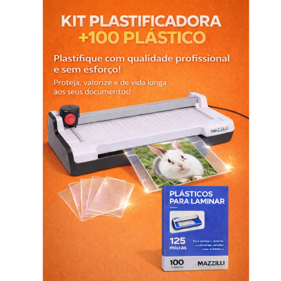 Kit Plastificadora 3x1 A4  + 100 Plástico Plastificação KP08 em Oferta na Shopee