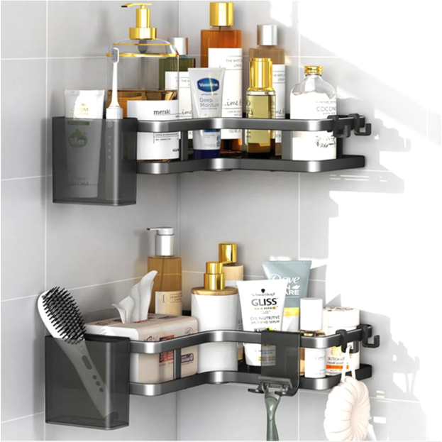 Vittak Kit 2 Prateleiras de Canto Adesiva Sem Furo Com Porta Escova Suporte Organizador de Parede Banheiro, Cozinha