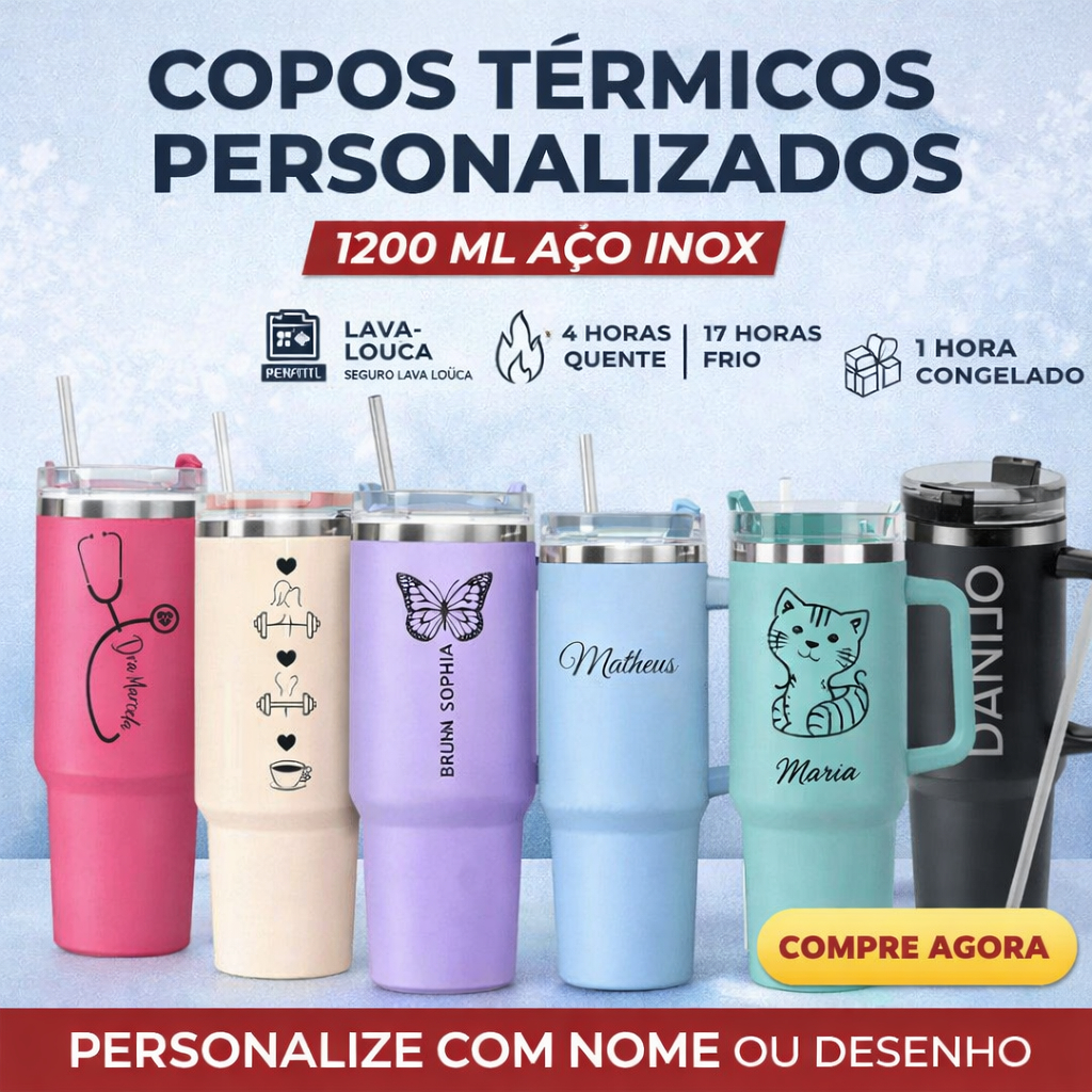 Copo Térmico 1200ml Personalizado a Laser com Nome | Caneca Inox com Tampa e Canudo | Mantém Quente e Frio Academia Fit