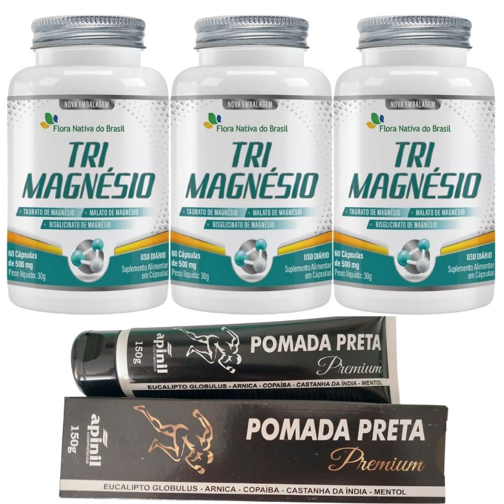 Tri magnésio + Pomada / 60 cápsulas 3 potes / taurato de magnésio - malato de magnésio - bisglicinato de magnésio