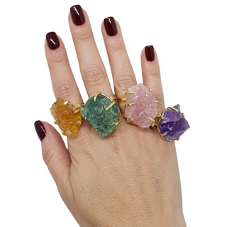 KIT 04 ANÉIS DE PEDRAS BRUTAS NATURAIS BANHADOS A OURO 18K REGULÁVEIS em Oferta na Shopee