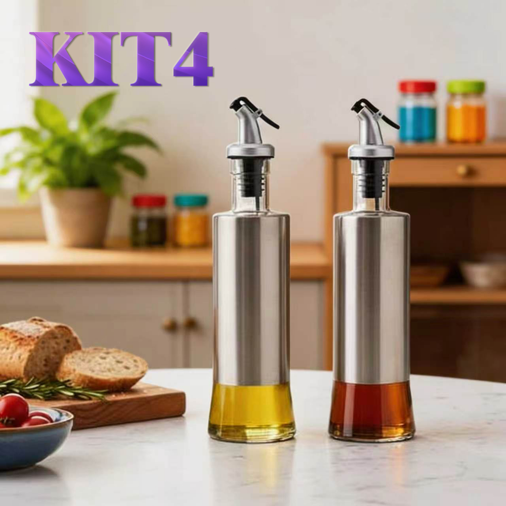 Kit Galheteiro Feito em Aço Inox e Vidro com Bico Dosador 200/300ml Multiuso para óleo vegetal VAzeite inagre