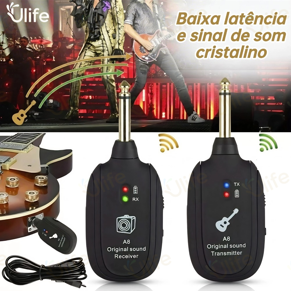 Guitarra Sistema Sem Fio Transmissor Receptor Recarregável Embutido Para Elétrica Baixo-UF