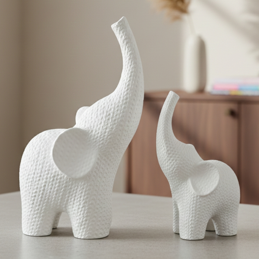 Kit 2 Escultura Elefante Efeito Crochê Texturizado Decoração Moderna Casa Escritório Presente Sorte