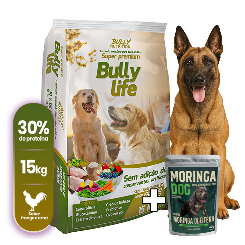 Ração Natural Cães Pastor Malinois Bully Life 15Kg+ Ganhe Moringa Dog 60g  + Moringa Dog 60g