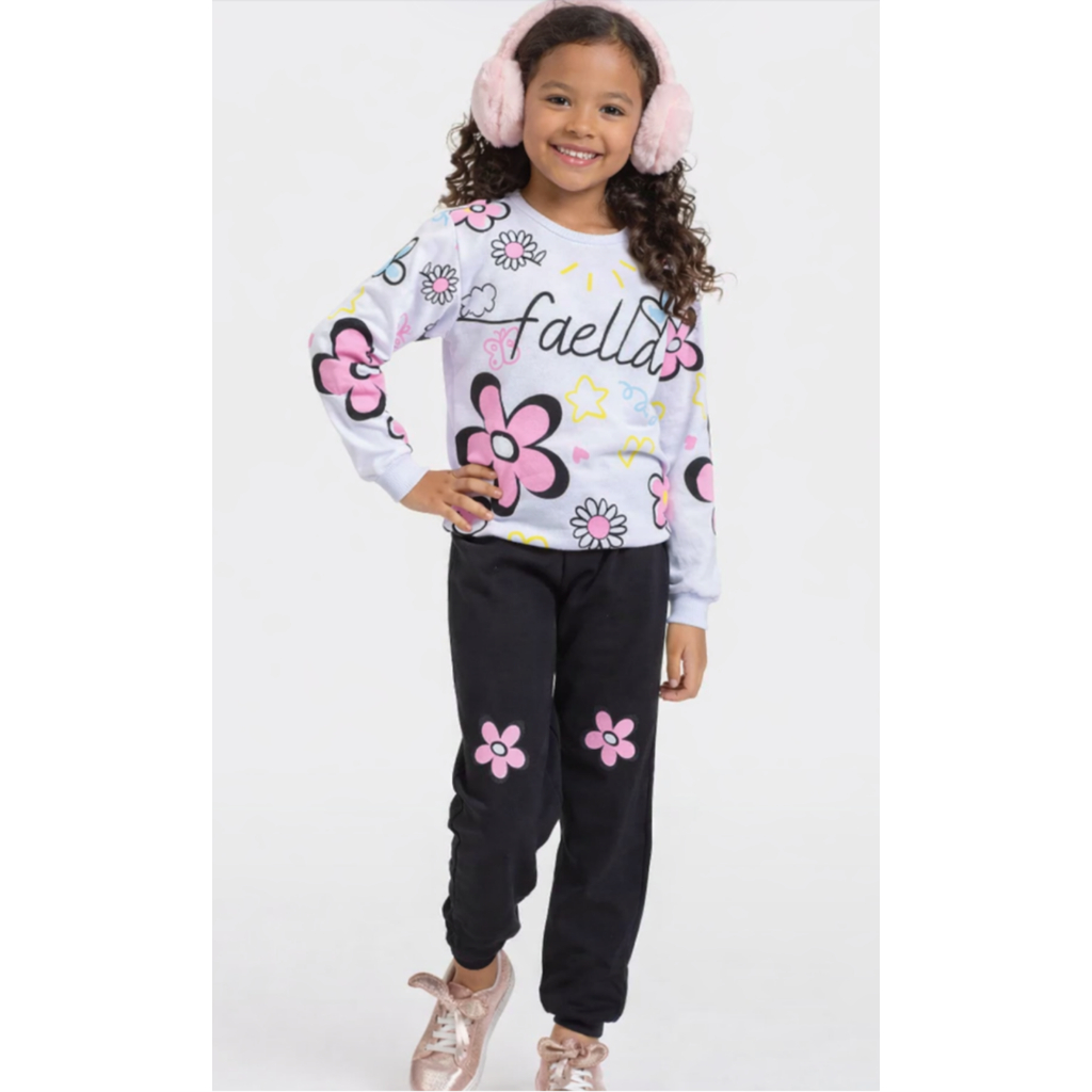 Conjunto Infantil Feminino Inverno Peluciado Flanelado Floral Calça e Moletom Quentinho Menina