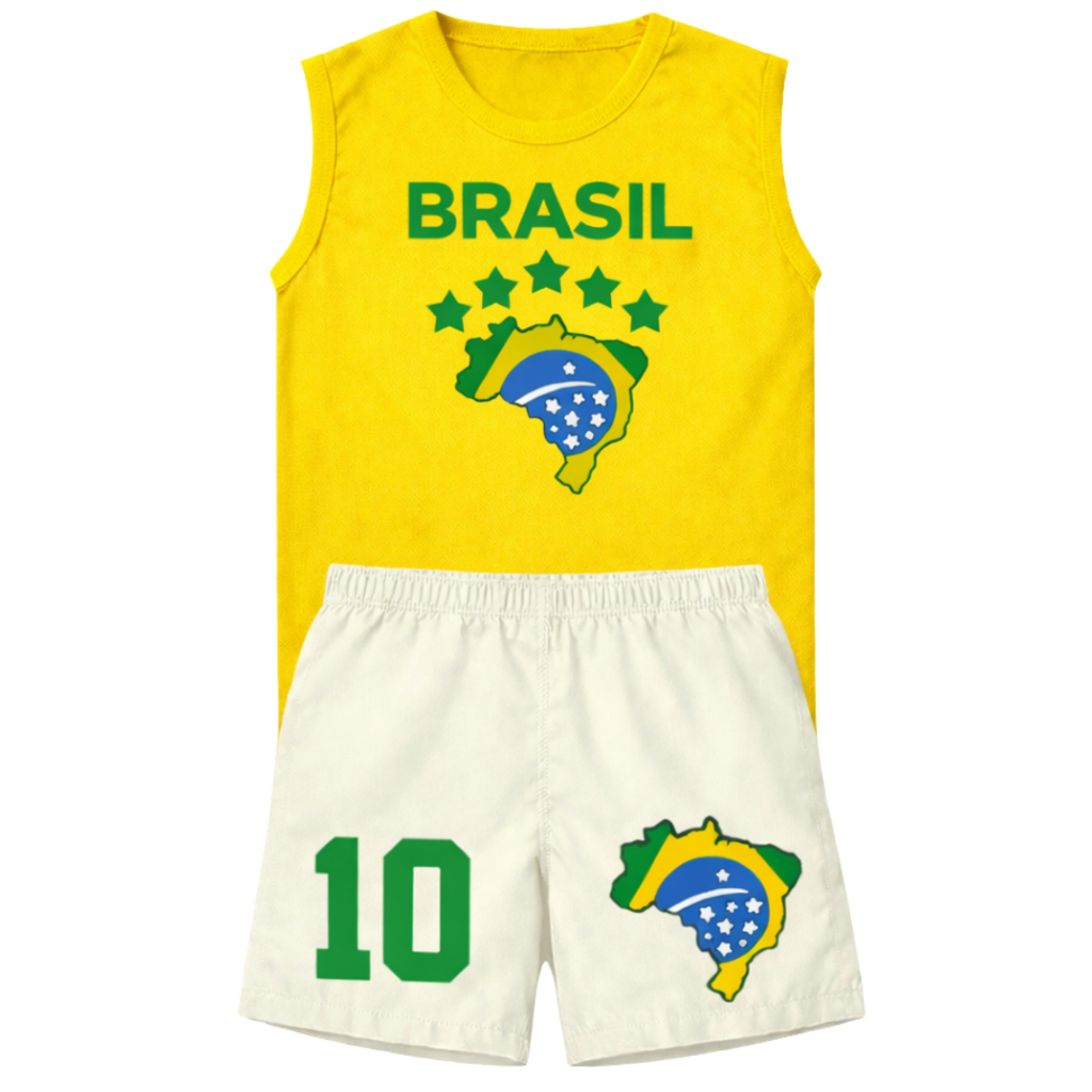 Conjunto Masculino Infantil Regata + Short  Premium Copa do Mundo Brasil 100% Algodão Seleção Brasileira