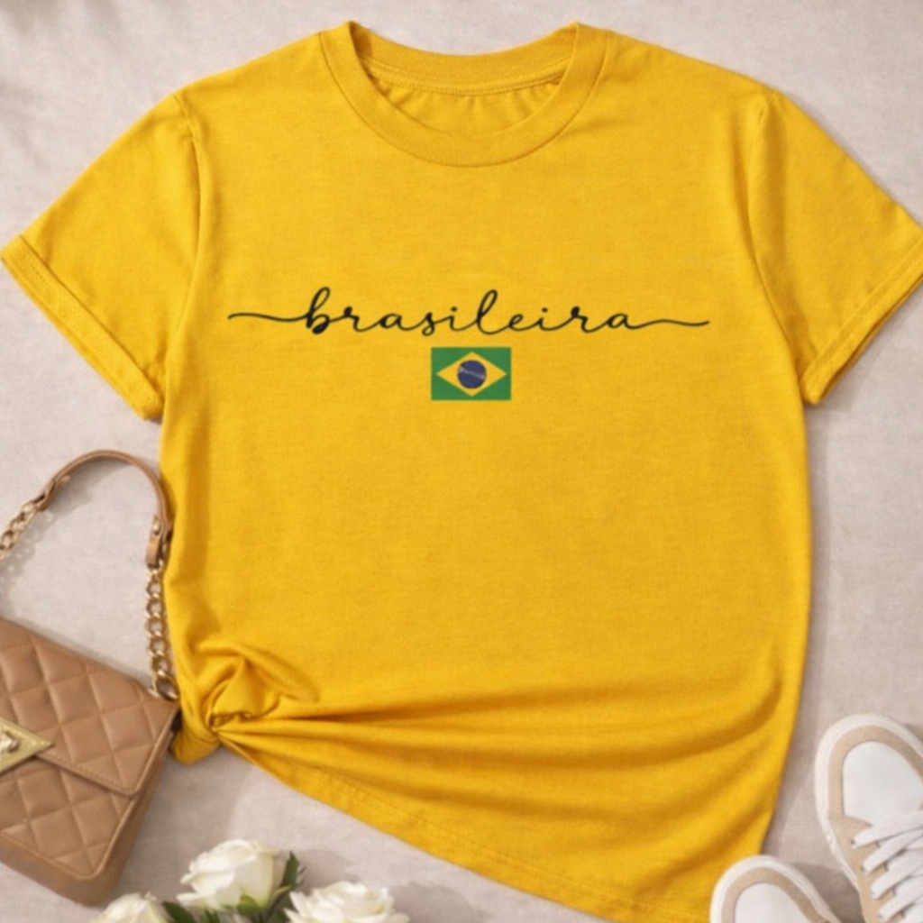 Camiseta Feminina Brasileira Copa Brasil 100% Algodão Estampa Minimalista Casual Confortável