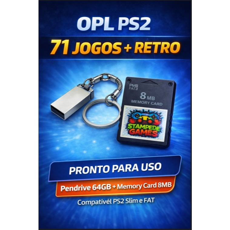 Kit OPL PS2 Completo Pendrive 64GB + Memory Card 8MB Pronto Para Uso | Plug and Play | Slim e FAT em Oferta na Shopee