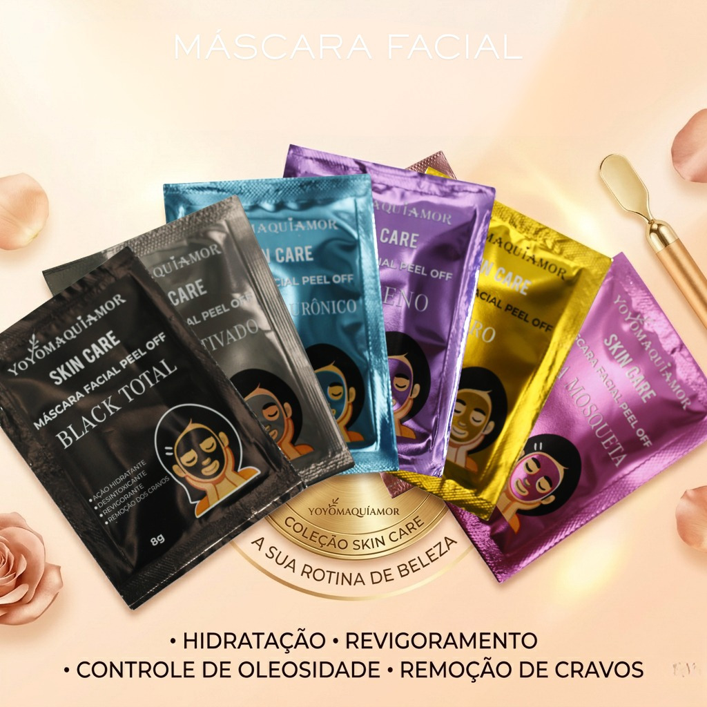 Kit 8 Máscaras Faciais Yoyomaquamor Peel Off + Espátula 2 em 1 Limpeza Profunda Remove Cravos Pele Radiante