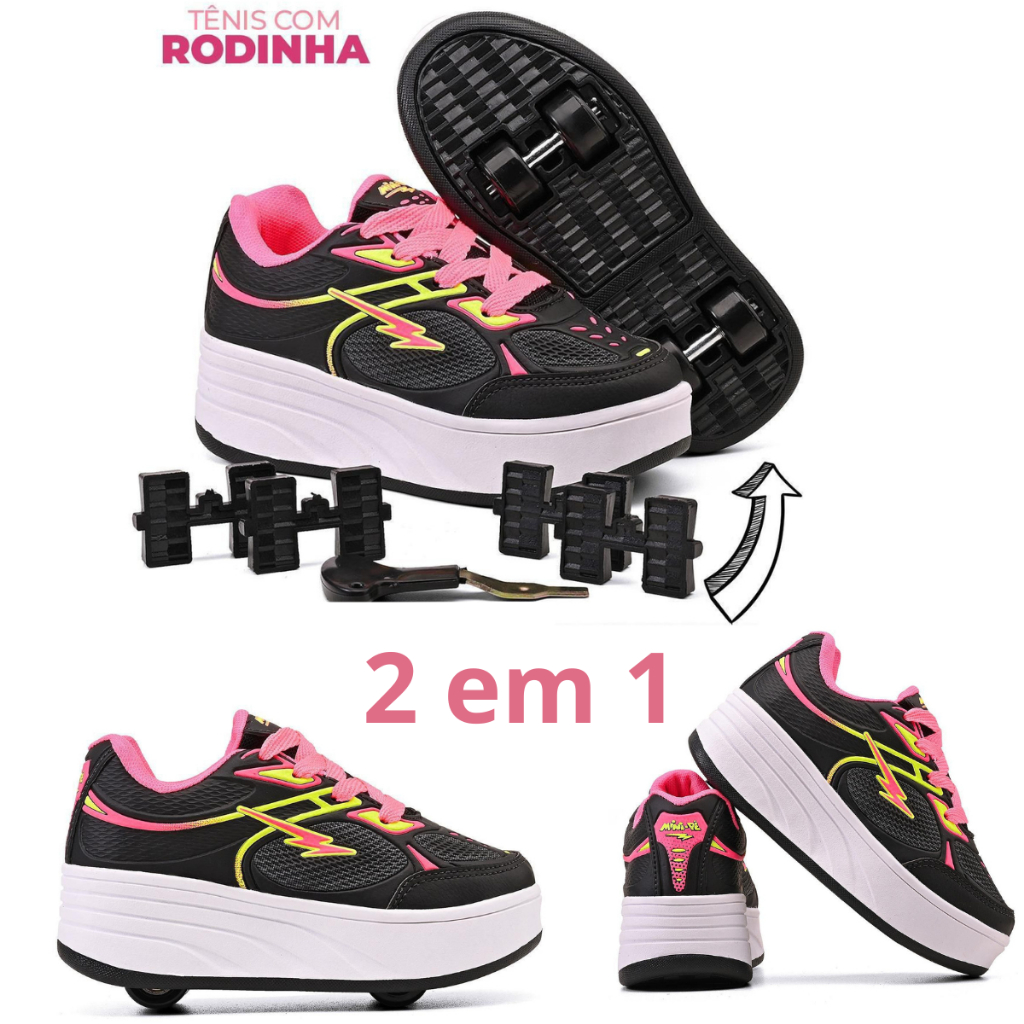 Tênis de Rodinha Infantil Menina Feminino 4 Rodas Removíveis 2 em 1 Com Tampa e Chave Preto Rosa