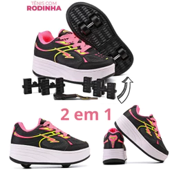 Tênis de Rodinha Infantil Menina Feminino 4 Rodas Removíveis 2 em 1 Com Tampa e Chave Preto Rosa