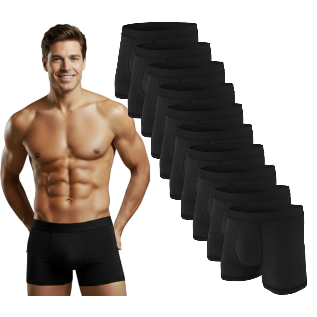 Kit 10 Cuecas Boxer Adulto Box Microfibra Cor Preto com Forro em Algodão
