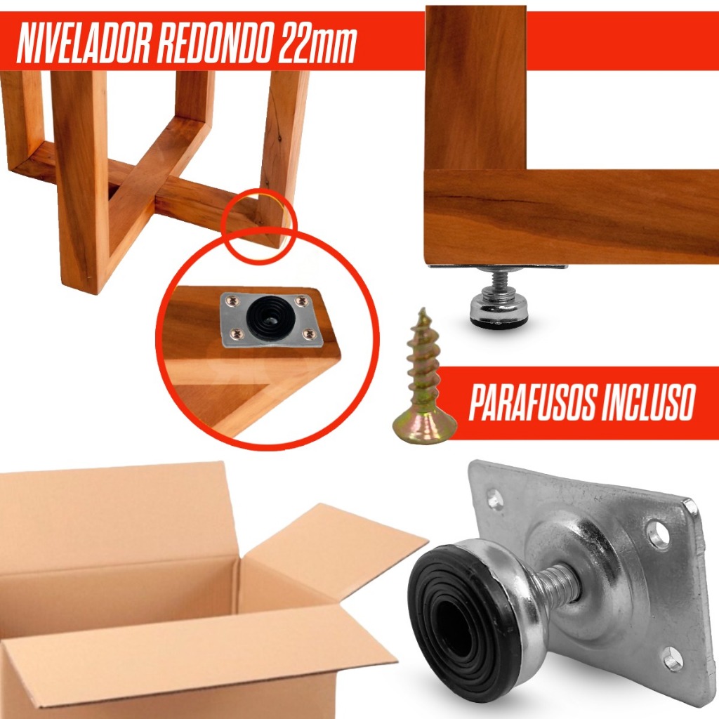 Kit 4,8,12,24 Sapata Niveladora 22mm Metal Rosca Com Chapa Pé Regulável Para Móveis Mesa E Cadeiras