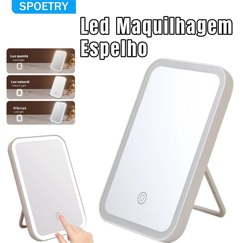 BR- Led Maquilhagem Espelho De Inteligente Maquiagem Quadrado Com De Brilho Ajustável Portátil E Dobrável